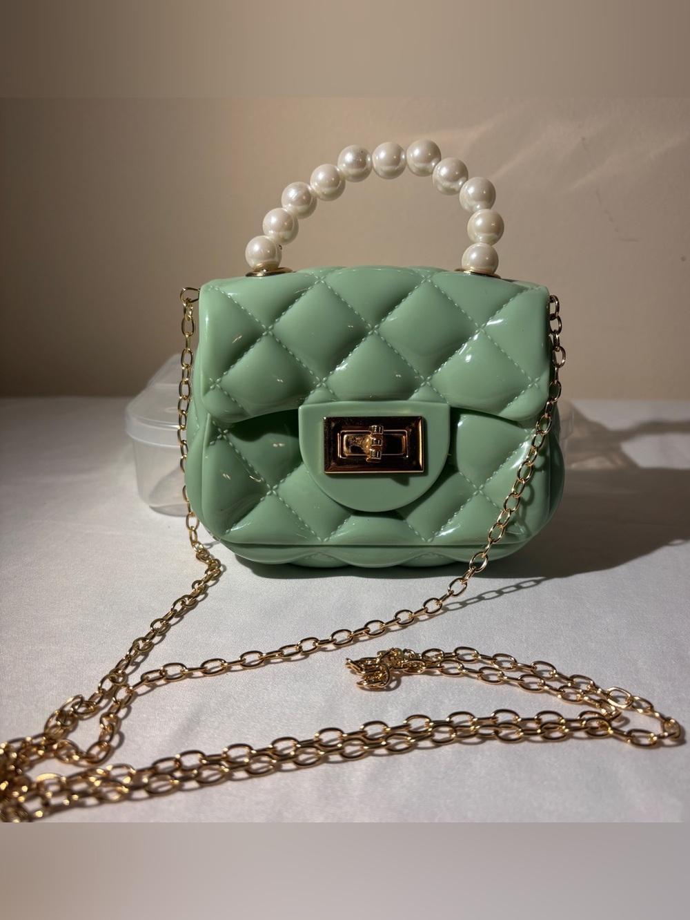 Mint Quilted Mini Bag w/ Pearl Handle & Gold Chain Crossbody Bag - Minibag